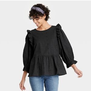 Women's Puff 3/4 Sleeve Embroidered Ruffle Top Charcoal - Universal Thread